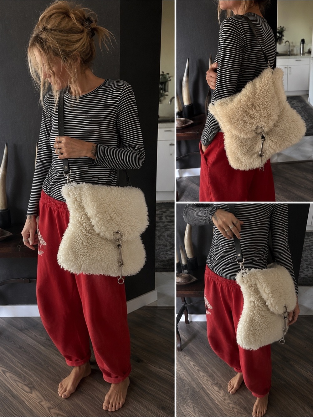 Genuine Sheepskin Shearling Crossbody Bag Oversized with a black Leather Strap - Picture 15 of 15